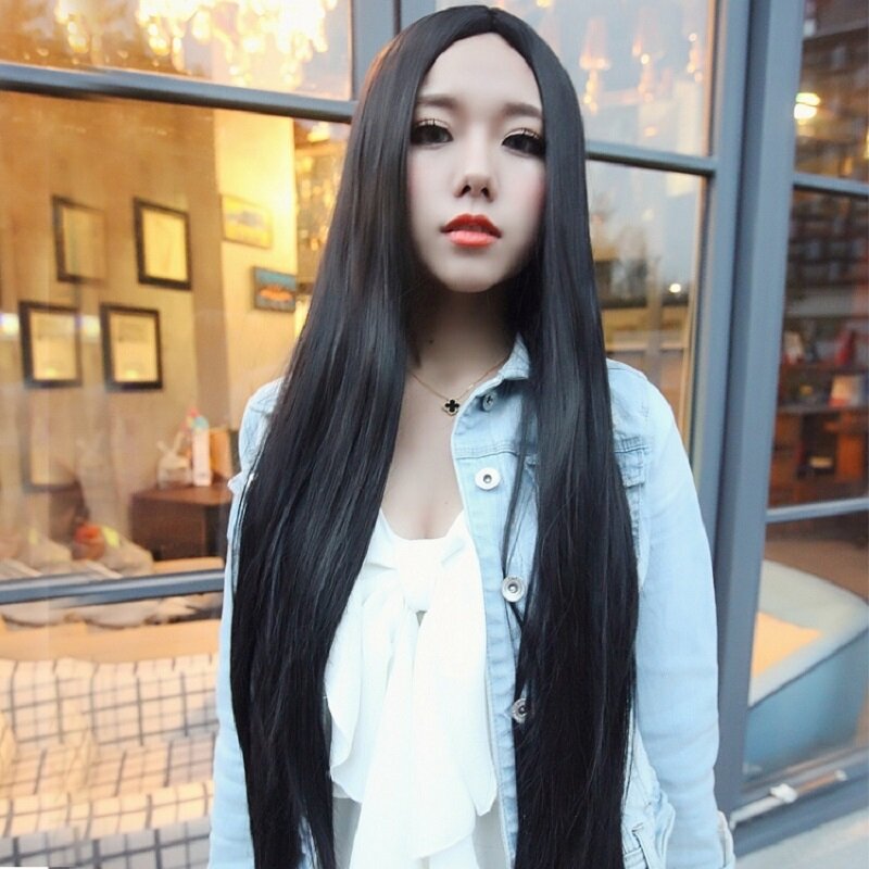 Wholesale Japan Korea Asia Women 32Inch 80CM Super Long Black Straight Hair Wig Full Cover Head Super Realistic And Beautiful
