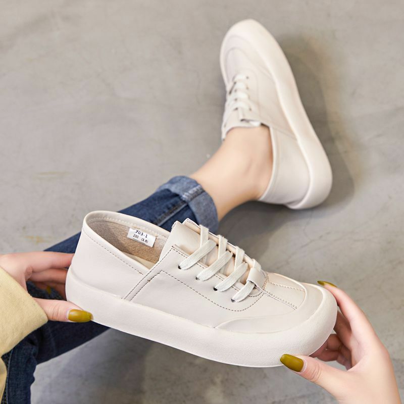 Genuine Leather Lace Up White Shoes For Women Flats Heel Sofe Soles Sneakers Shoes Luxury Leisure Fashion Big Head Shoes pisos