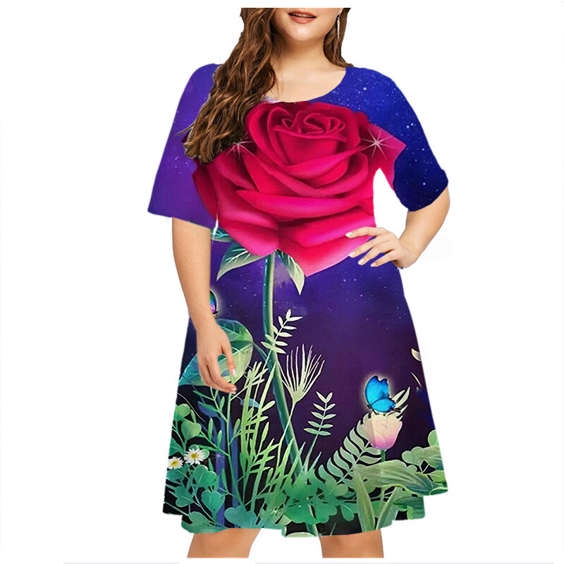 Элегантное женское модное платье с коротким рукавом, Повседневная Свободная одежда с цветочным принтом, летние платья больших размеров 6XL, женские платья