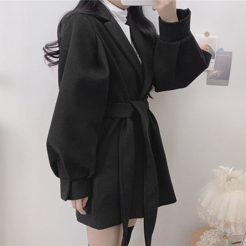 Abrigo de solapa de manga larga negro mezclado de lana para mujer, cinturón Delgado coreano, ropa que combina con todo, moda de otoño e invierno