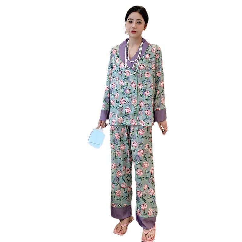Pijamas de seda de hielo para Mujer, ropa de manga larga con patrón abstracto de ropa de casa, pantalones de solapa con impresión, otoño