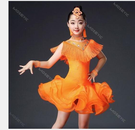 1 teile/los Kinder Organza Quaste Latin Kleid Mädchen Strass Latin Tango Rumba Samba Kostüm