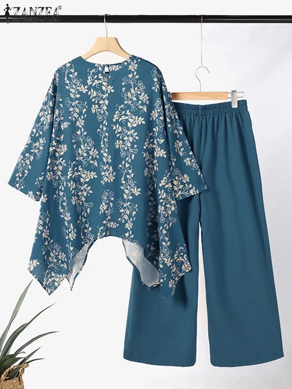 ZANZEA Casual Asymmetrical Hem Floral Tops Matching Sets Wide Leg Trouser 2pcs Pant Sets Muslim Fashion Summer Loose Outfits