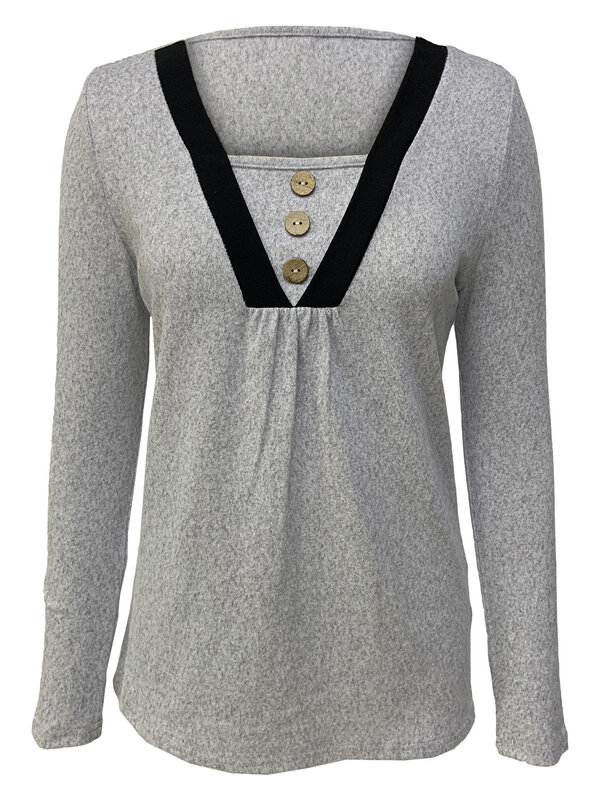 Camiseta de manga comprida monocromática feminina com decote em v, pulôver casual, tops soltos, botões, nova moda, outono e inverno