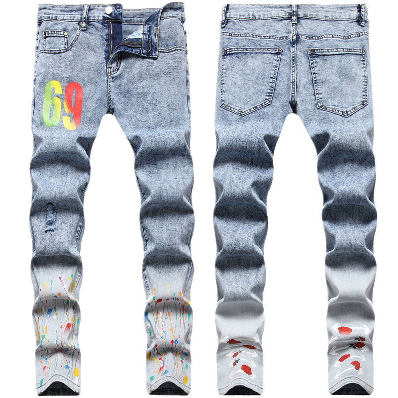West Coast hip hop street hip hop hand painted digital print stretch slim jeans