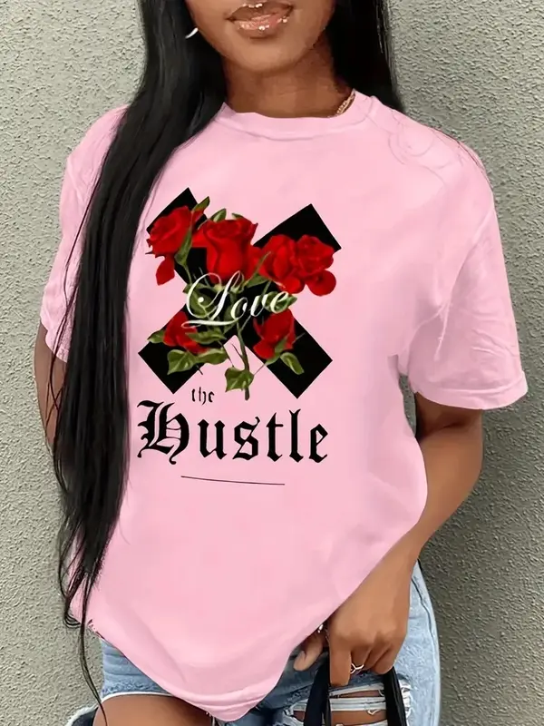 Camiseta con estampado de letras y flores para mujer, camisa informal de manga corta con cuello redondo, ropa holgada de algodón para verano, 2024