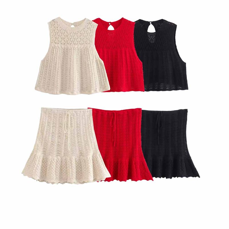 Traje de 2 piezas de malla Jacquard para mujer, blusa de punto con cuello redondo, blusa Retro sin mangas + minifalda de punto, 2024