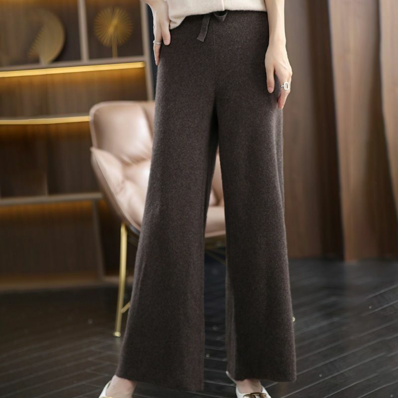 Women Knitted Long Pants Autumn Winter Trousers Thickened Warm Casual Lace-up Elastic Waist Wide Leg Straight  R126