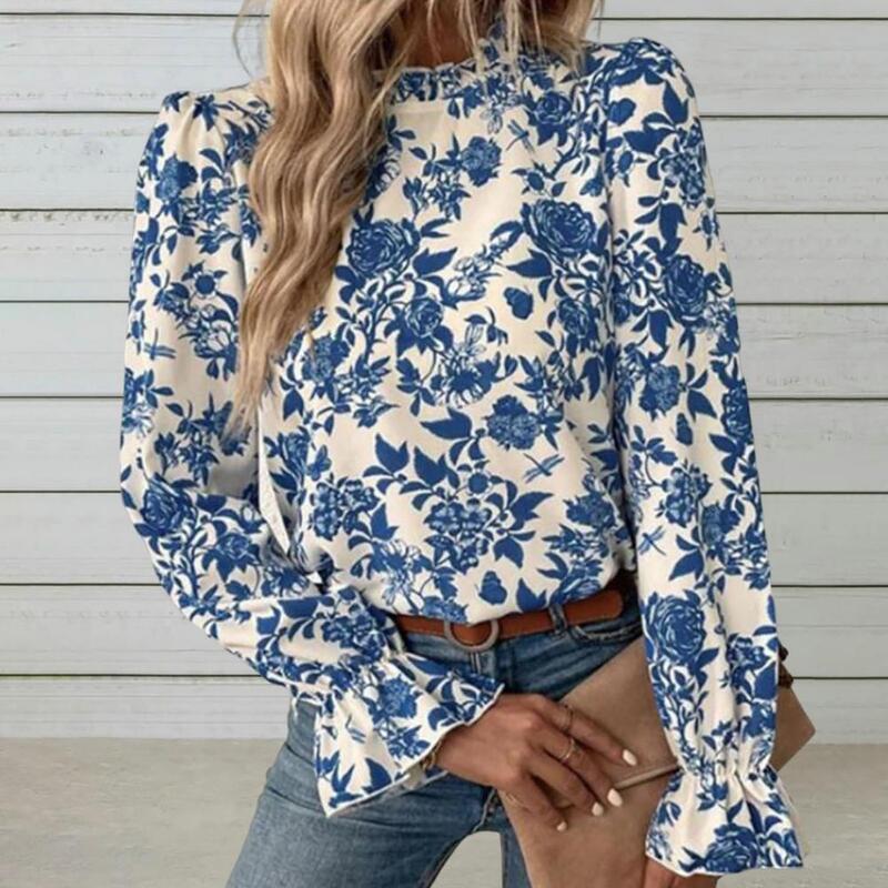 Элегантная женская рубашка 2023, блузка с оборками на манжетах, длинным рукавом, кружевной отделкой, ложным воротником и цветочным узором, Топ