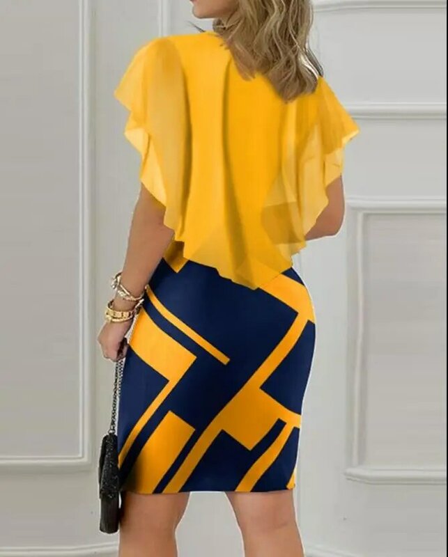 Short Sleeve Elegant Dresses for Women Geometric Print Ruffle Hem Bodycon Skinny Mini Dress New Fashion 2023 Summer Casual