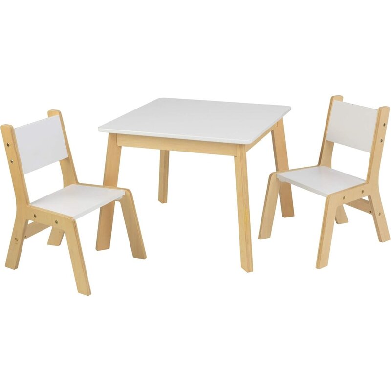 Wooden Modern Table & 2 Chair Set, Children's Furniture, White & Natural, Gift for Ages 3-8
