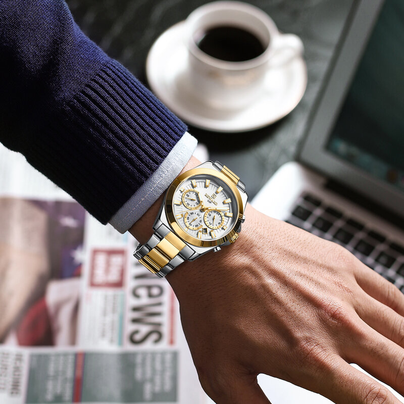 REWARD VIP nowy kwarc zegarki męskie biznesowy zegarek na rękę ze stalowy pasek nierdzewnej chronograf świecący wodoodporny zegarek z datą