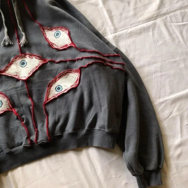 Y2K hoodie vintage Pria Wanita, atasan hoodie Gotik bertudung ukuran besar Hip Hop bordir mata iblis Harajuku vintage