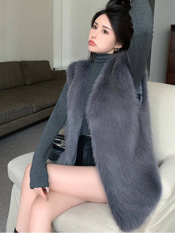 Zoki elegante gilet da donna in pelliccia di volpe sintetica moda calda giacca senza maniche invernale coreano allentato con scollo a V Casual Lady capispalla in ecopelle