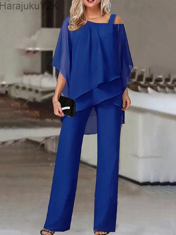 New Style Matching Series Fashion Plus Size Top con maniche a pipistrello da donna con spalle scoperte pantaloni eleganti da donna Set a due pezzi