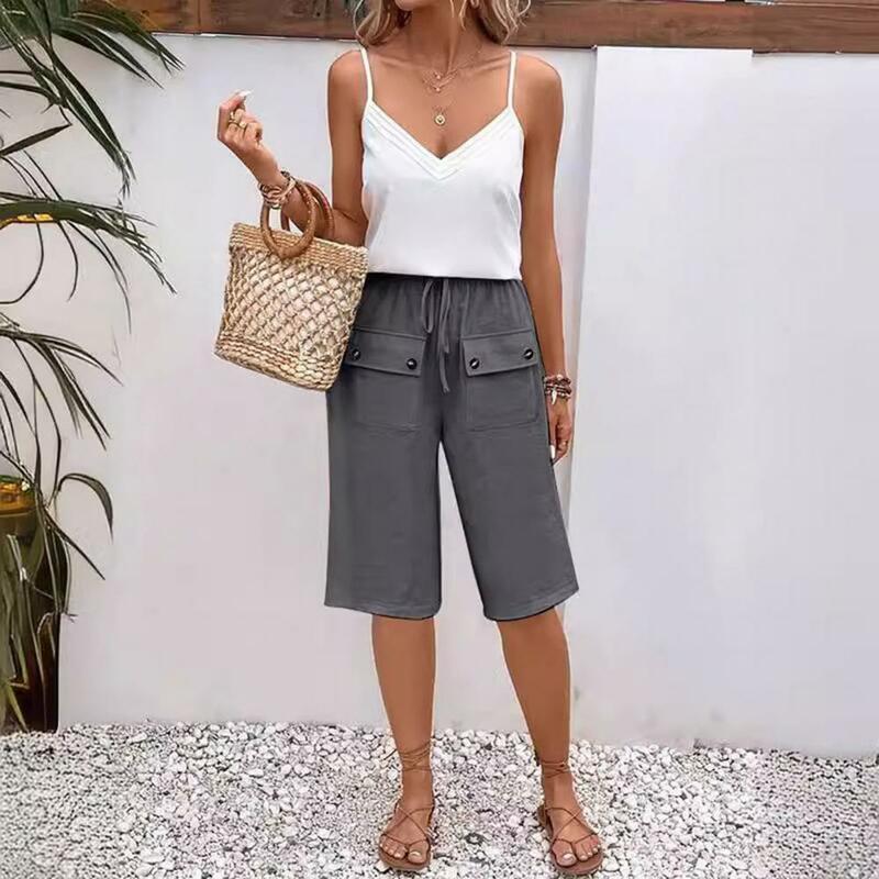 Lady Trousers Stylish Knee Length Women's Shorts with Drawstring Elastic Waist Buttoned Front Pockets for Casual Daily Wear