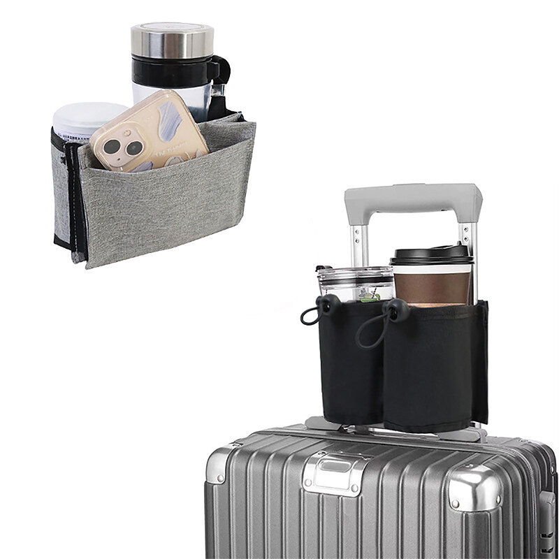 Portavasos de viaje para equipaje, bolsa de almacenamiento duradera de mano libre para bebidas, se adapta a todas las asas de maleta