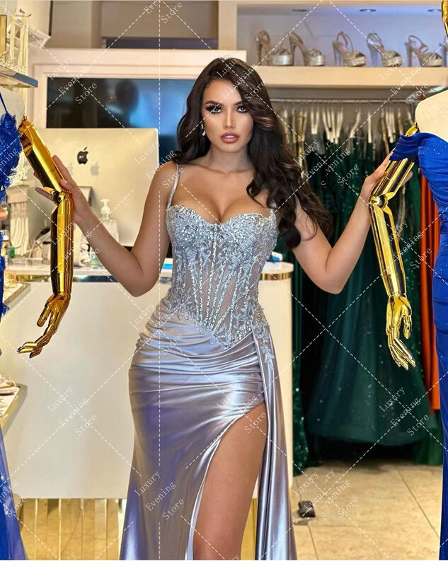 Luxus Promi Meerjungfrau Abendkleider Frau Illusion Schatz Applikationen sexy Seite geteilt elegante Ballkleider formale Vestido