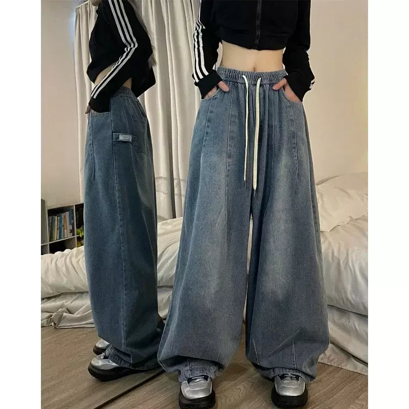 Pantalones vaqueros holgados Vintage Y2k para mujer, cintura elástica, pantalones de mezclilla americanos de gran tamaño, ropa de calle de pierna ancha, pantalones básicos rectos