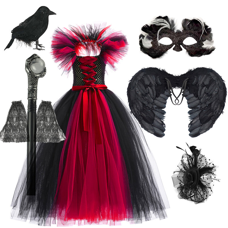 Trajes de Reina Malvada para niñas, vestido de fiesta de Halloween, tutú de tul, disfraz de princesa, ropa de carnaval, vestido de bruja