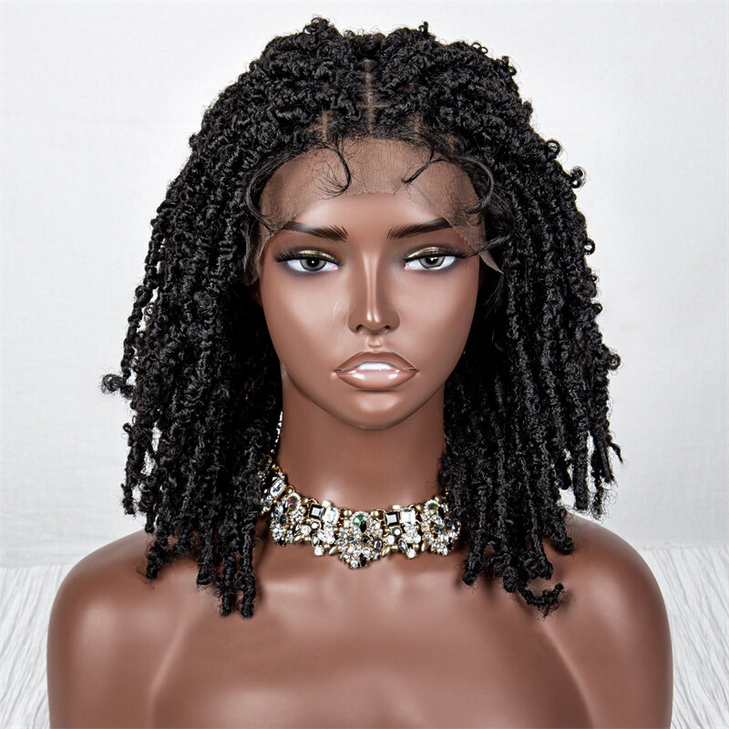 Wig rambut sintetis pendek 14 inci, wig kepang penutup renda warna hitam ketebalan 180% untuk wanita warna hitam