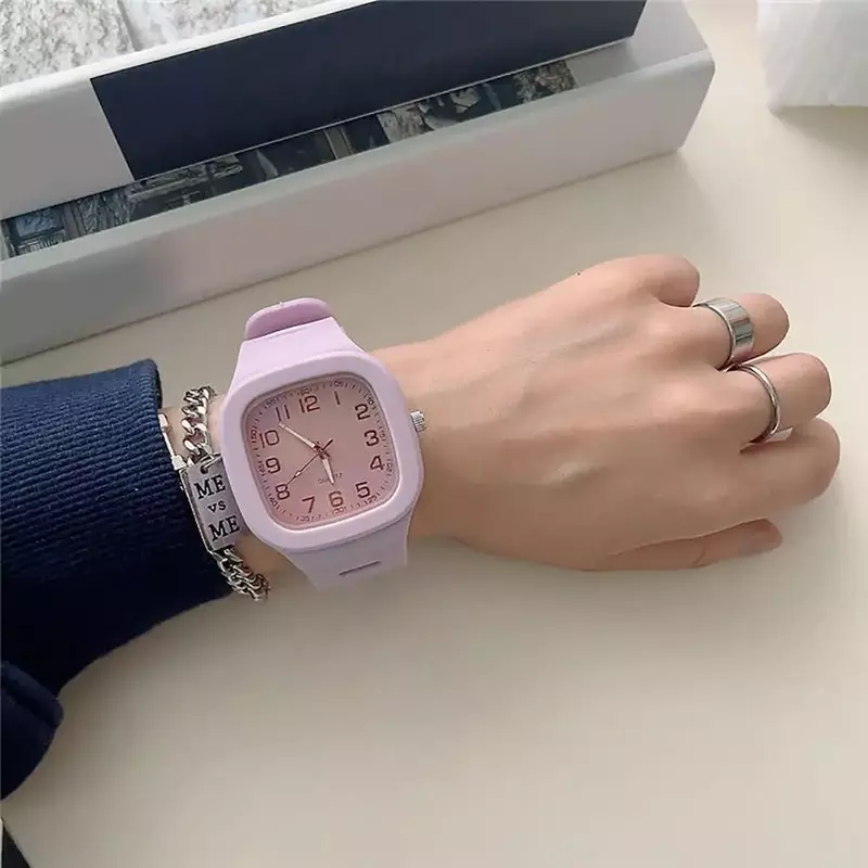 Square Large Dial Quartz Watch Silicone Strap Student Wristwatches Multicolor Fashion Casual Clock for Ladies Gift No Bracelet