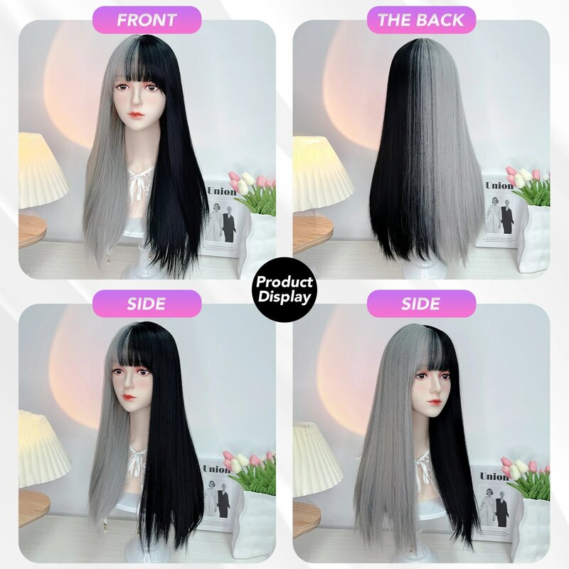 MEISU Black And Gray Wig Long Straight Bangs 24 Inch  Fiber Synthetic Heat-resistant Natural Party or Selfie For Women