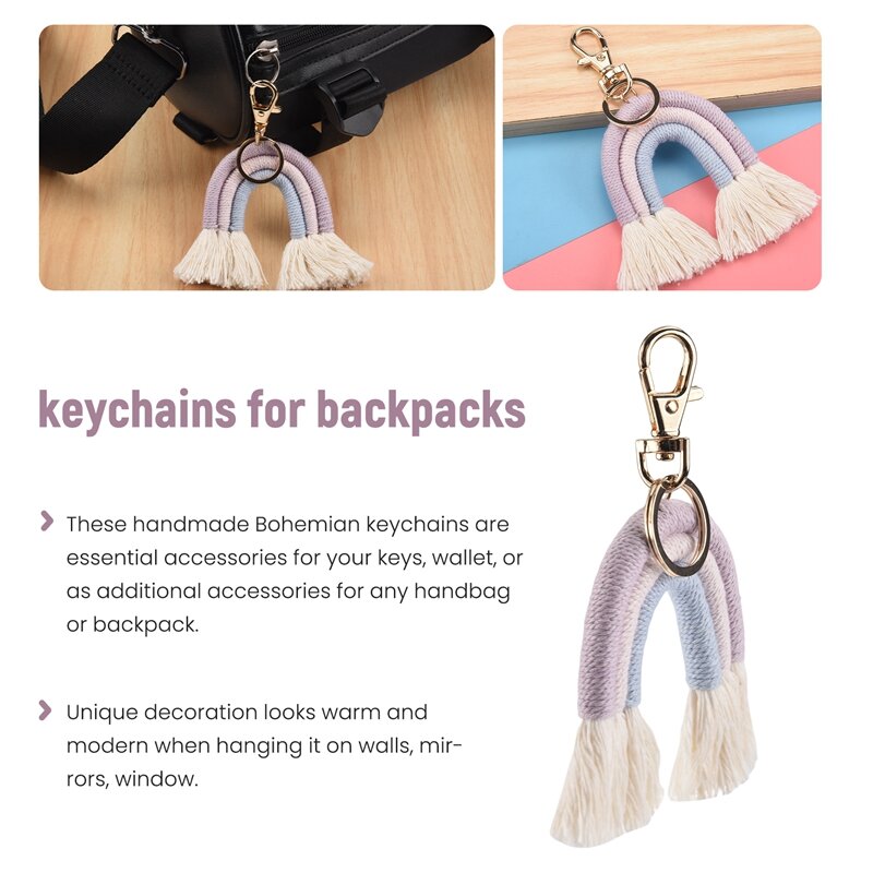 Gantungan kunci tenun pelangi untuk wanita gantungan kunci buatan tangan Boho gantungan kunci tas Macrame jimat hadiah perhiasan gantung mobil