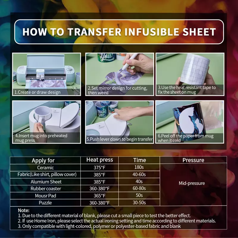 WOWOCUT-Hojas de tinta de transferencia Infusible, papel de transferencia de calor de colores, 6 piezas, 12x12 ", hoja de sublimación para máquina, camisetas y tazas DIY