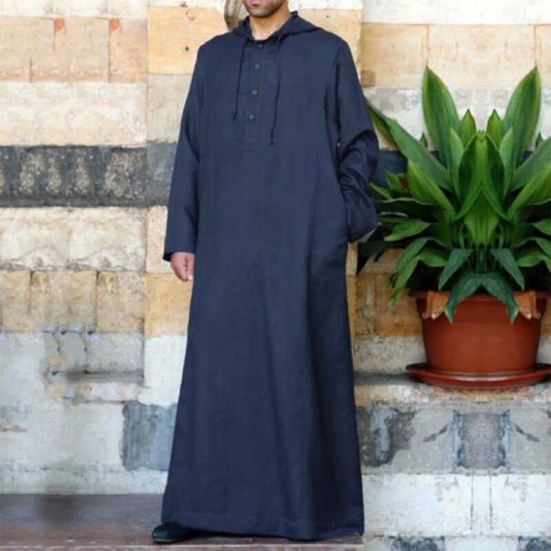 Muzułmańskie męskie Jubba Thobe z długim rękawem z kapturem oddychająca szata męska Thobe luźna dubajska saudyjska Kaftan jednolite kolorowe ubrania męskie