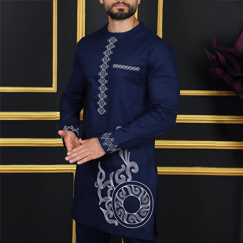 2024 New African Dress Men's Suit Groom Embroidered crewneck shirt and Pants 2-piece Birthday party festive suit