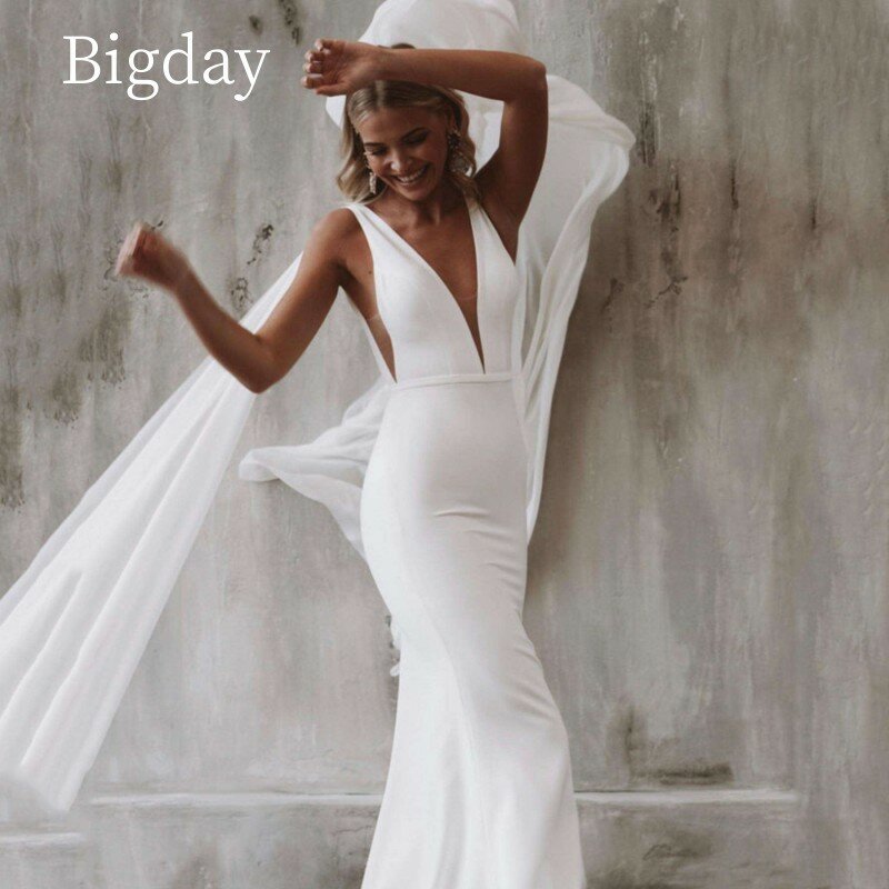 Vestido de noiva sereia cetim branco para mulheres, decote v, costas abertas, alças, vestido de noiva, elegante, 2024