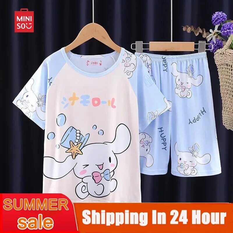 Miniso-Conjunto de pijama de dibujos animados Kawaii para niño y niña, ropa de dormir informal y holgada, regalo de verano