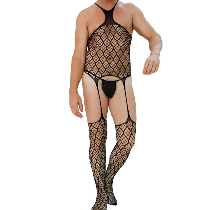 男性のためのセクシーなレースのボディスーツ,透明な網タイツのボディ,透かし彫りのパターン