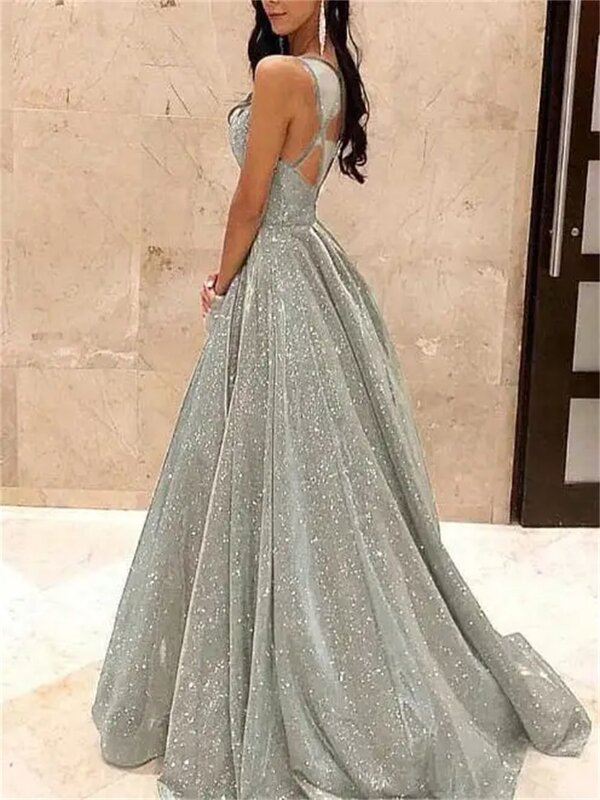Elegant Women Sparkly Evening Party Dress Spaghetti Strap Backless Sequins Maxi Wedding Bridesmaid Gown Sexy Formal Prom Dresses