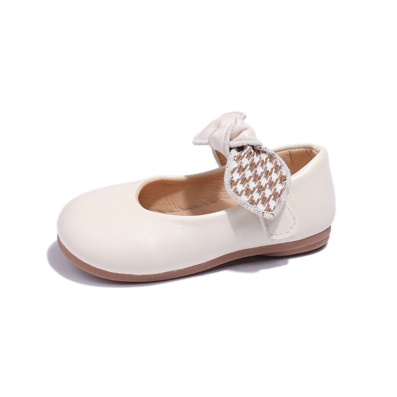 Sapatos de princesa Houndstooth com gravata borboleta para bebês, sapatos de couro para festa e casamento, dedo do pé redondo, moda infantil
