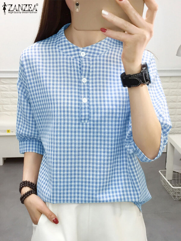 ZANZEA-camisa a cuadros para mujer, blusa de media manga con cuello redondo, elegante, informal, con botones
