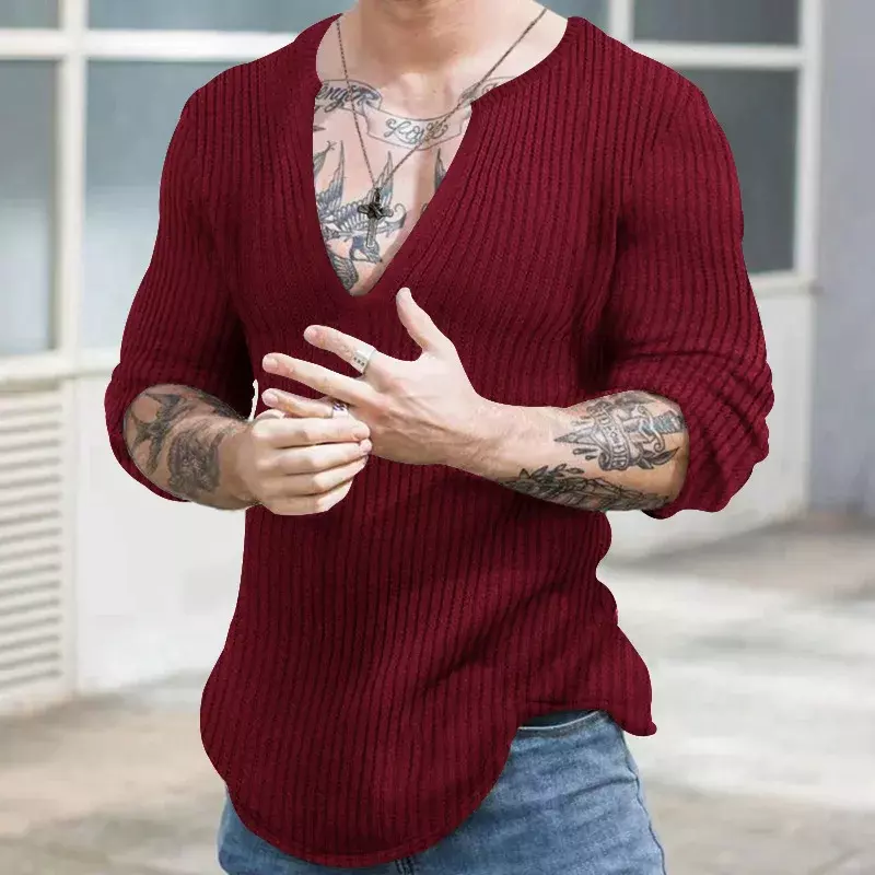 Мужской трикотажный свитер с V-образным вырезом, с длинным рукавом