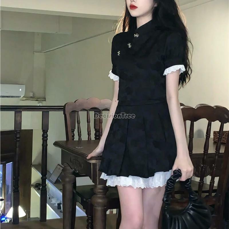 2024 Nieuwe Chinese Stijl Geplooide Rok Halfrok Tweedelige Set Meisje Mode Kleding Vrouwen Kant Sexy Dagelijkse Cheongsam Jurk Set
