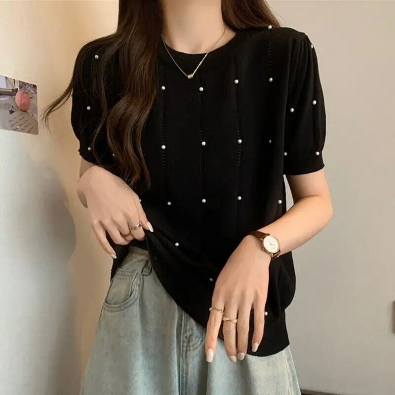 Temperament Commuting Summer Solid Women's Round Neck Hollow Out Embroided Flares Fashion Casual Short Sleeve Loose Knitting Top