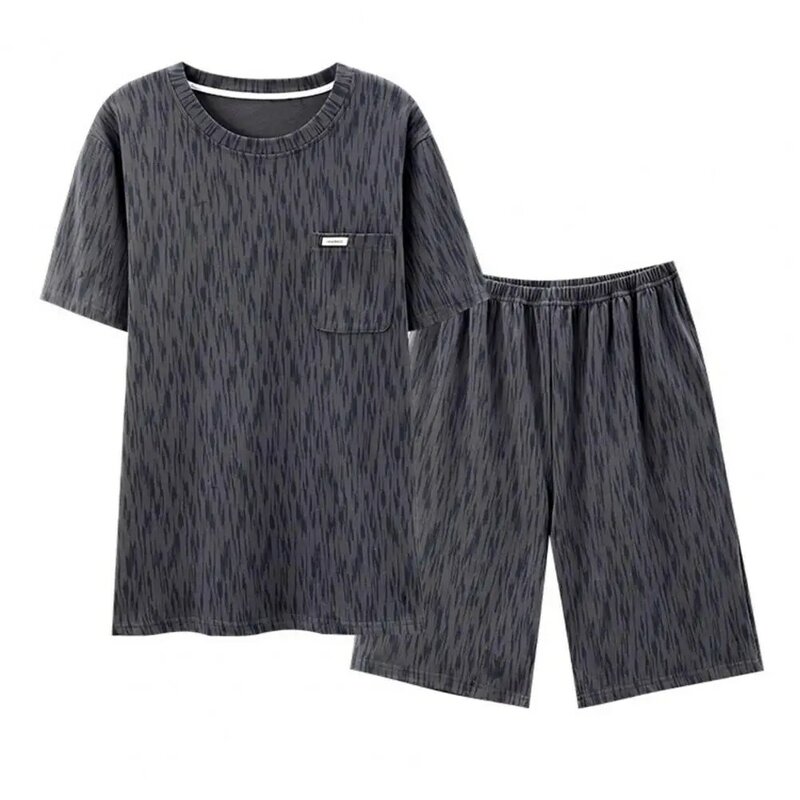 Conjunto de pijama solto masculino, espreguiçadeira com o pescoço, camiseta de manga curta, calção de perna larga, cintura elástica, verão