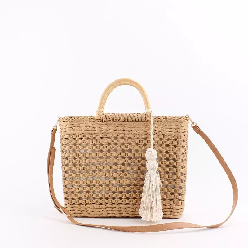 SVB1 moda wydrążona drewniana rączka słomiane torby na ramię wiklinowe tkane rattanowe torebki damskie letnie plażowa, duża