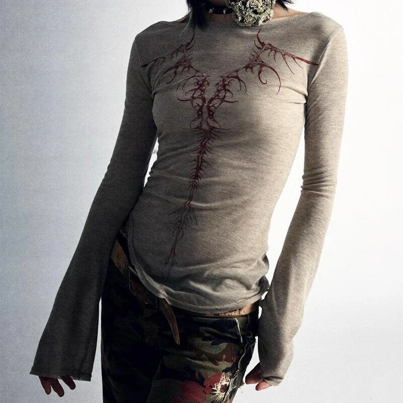 Женская Винтажная футболка в стиле «эмо», с длинным рукавом и графическим принтом