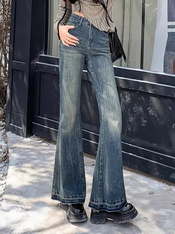 American Vintage Chic Flare Loose Casual Jeans Women Summer New Classic Full Length Simple Fashion Washed Women High Waist Jeans