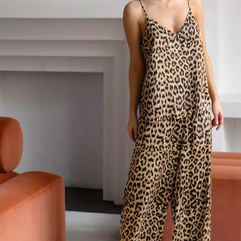 Set pakaian wanita, kamisol cetak macan tutul punggung terbuka seksi + celana pinggang elastis 2 potong musim panas kasual tipis longgar
