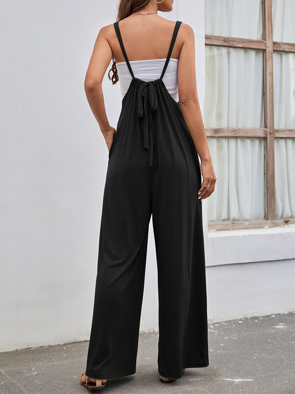 Women Casual Loose Wide Leg Jumpsuit Spaghetti Strap High Waist Long Pants Daily Stretchy Romper Dungarees with Pockets