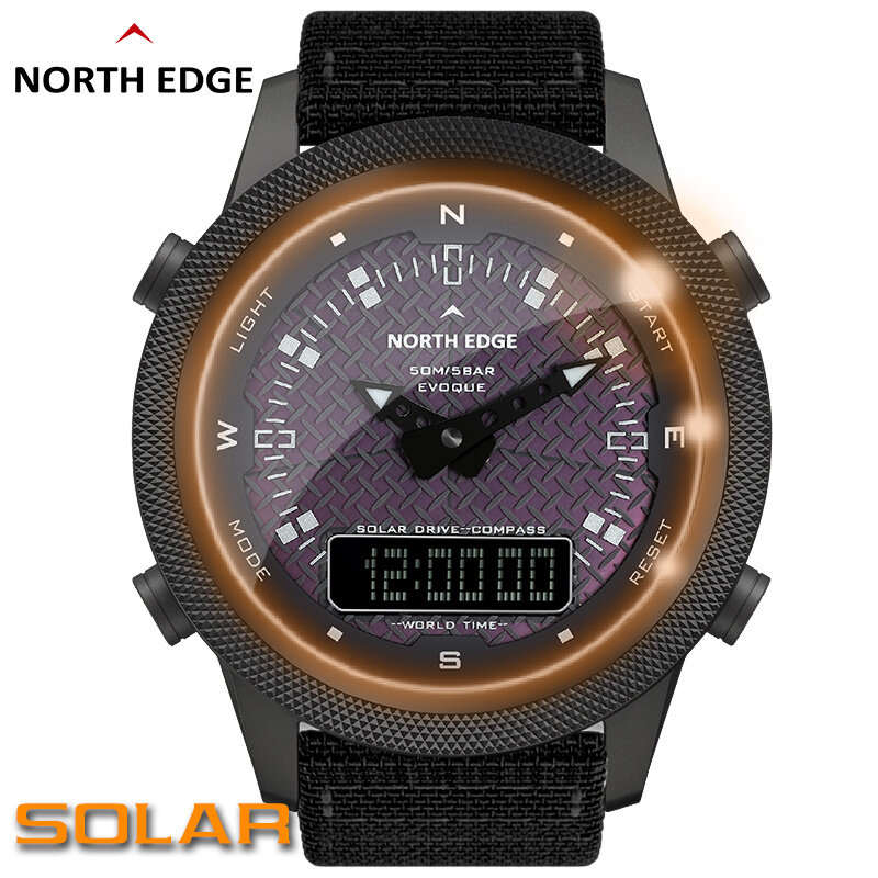 Borda norte relógio digital masculino ao ar livre relógios inteligentes de energia solar completa metal à prova d50 água 50m bússola militar do exército estilo relógio