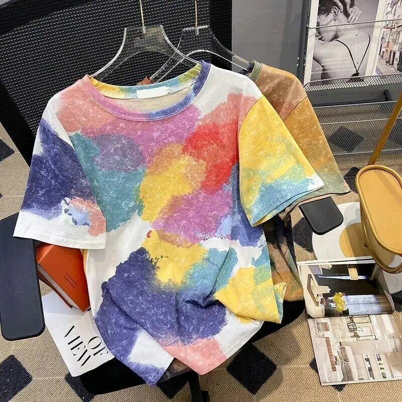 2024 Summer Fashion Personality Design Niche Tie Dyed Round Neck Loose Oversized Casual Trend Versatile Short Sleeved T-shirt