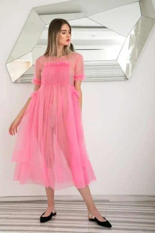 Пикантное розовое прозрачное Тюлевое платье, авангардная одежда, Прозрачное платье длиной ниже колена с оборками, летнее вечернее платье на заказ