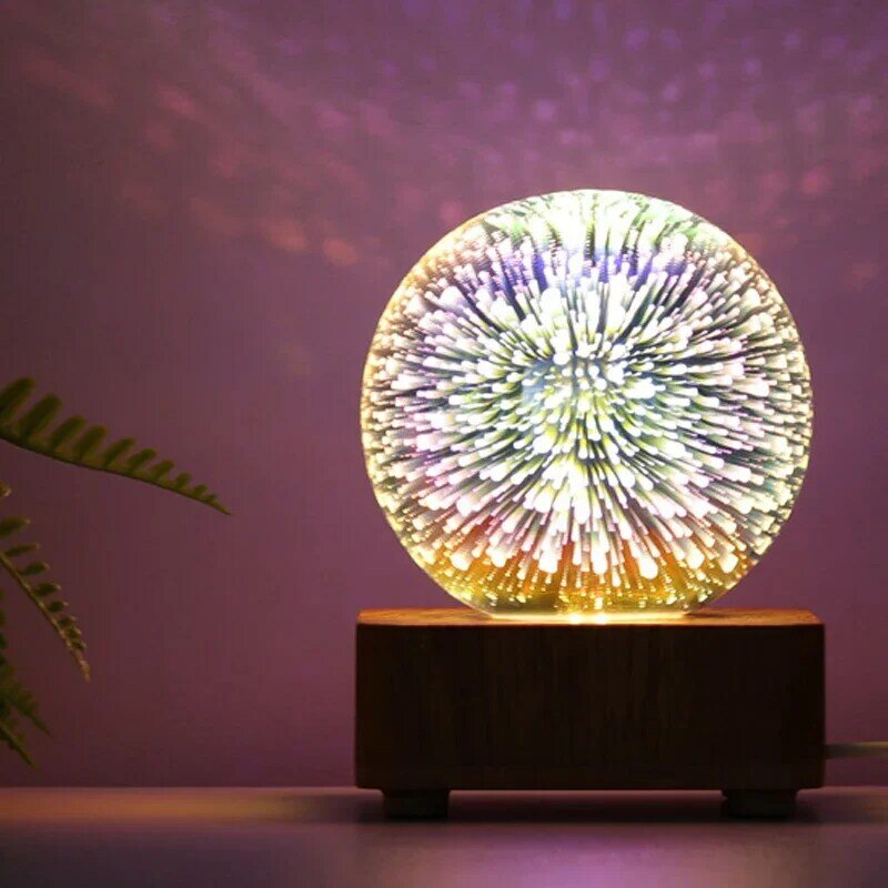 LED 3D 불꽃 놀이 야간 조명, 다채로운 분위기 테이블 램프, 유리 공 침대 옆 조명, 홈 침실 장식, 크리스마스 선물